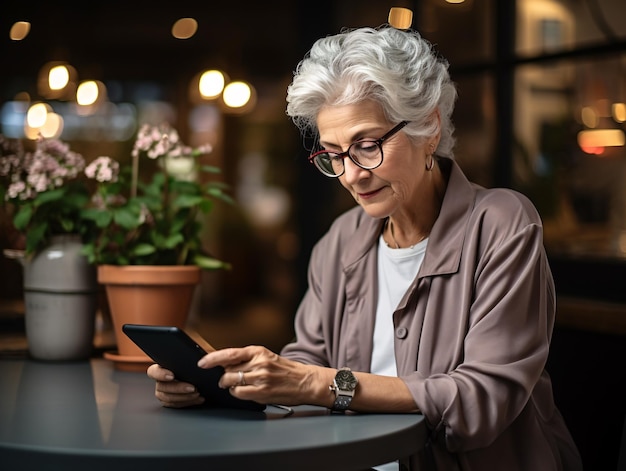 Vertiefen Sie sich in das Bild einer älteren Frau, die mit ihrem Smartphone die Zukunft beherrscht