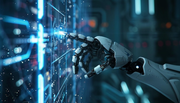 Vertiefen Sie sich morgen in die Welt mit einem faszinierenden Banner-Design mit einem Roboterfinger
