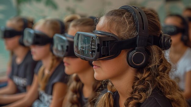 Foto vertieft in die virtuelle realität eine gruppenerfahrung
