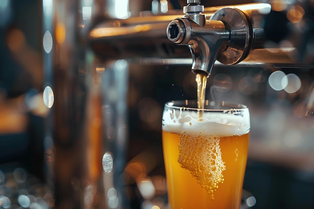 Vertiendo una cerveza de barril en un grifo de cerveza en un vaso que se sirve en un fondo de vida nocturna