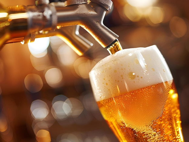 Vertiendo una cerveza de barril en un grifo de cerveza en un vaso que se sirve en un fondo de vida nocturna