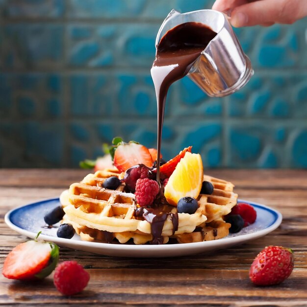 Foto vertiendo chocolate en el waffle con rebanadas de fruta