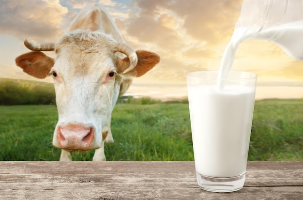 Foto vertiendo leche con vaca