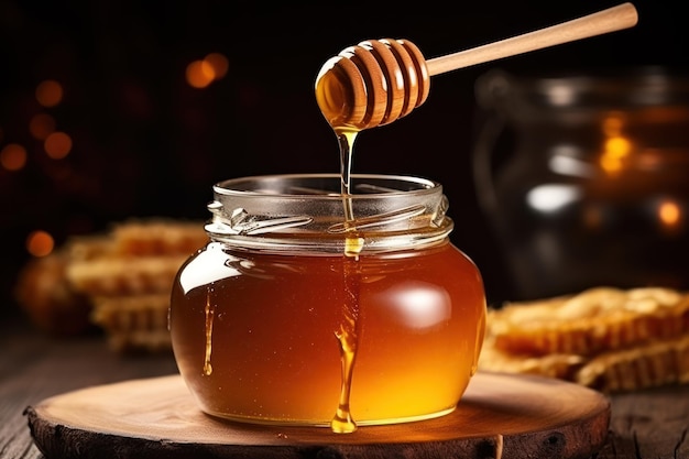 Vertiendo miel dorada dulce de un vaso en un frasco en una mesa de madera de cerca