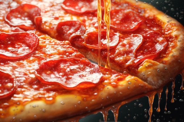 Vertiendo salsa de pepperoni caliente en la pizza sobre un fondo oscuro