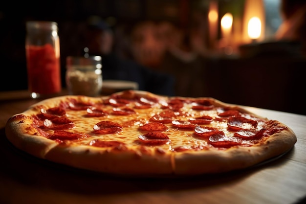 Vertiendo salsa de pepperoni caliente en la pizza sobre un fondo oscuro