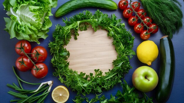 Vertientes y frutas de la parte superior lechuga tomates pepino eneldo cereza tomates calabacín cebolla verde