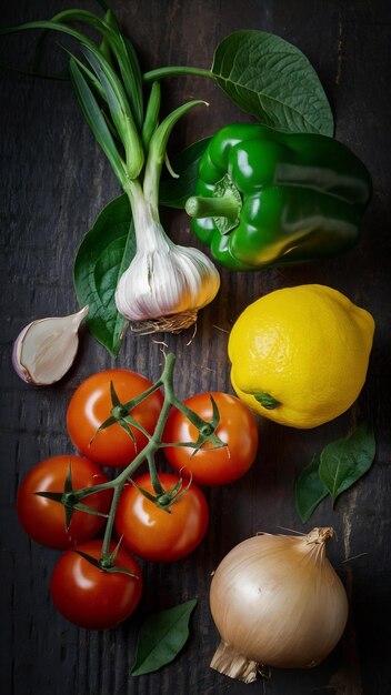 Vertientes de primer plano: tomates con pedicelos, ajo, pimientos, aceite de limón, cebolla