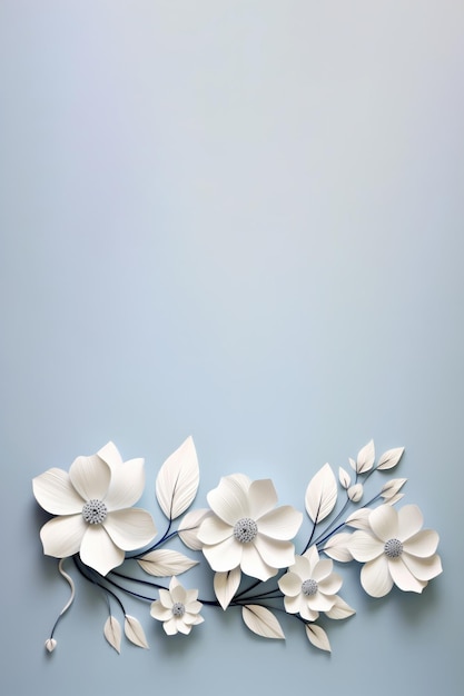 Vertikal geschnittene Papierkomposition mit weißen blühenden Blüten mit Copy Space hellem Hintergrund