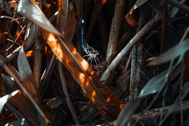 Vertikal selektiver Fokus-Aufnahme einer blauen Damselfly, die auf einer Pflanze ruht