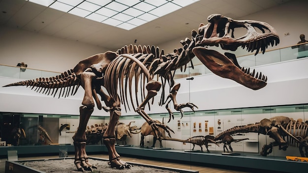 Vertikal selektiver Fokus-Aufnahme eines Dinosaurier-Skeletts, das in einem Museum aufgenommen wurde