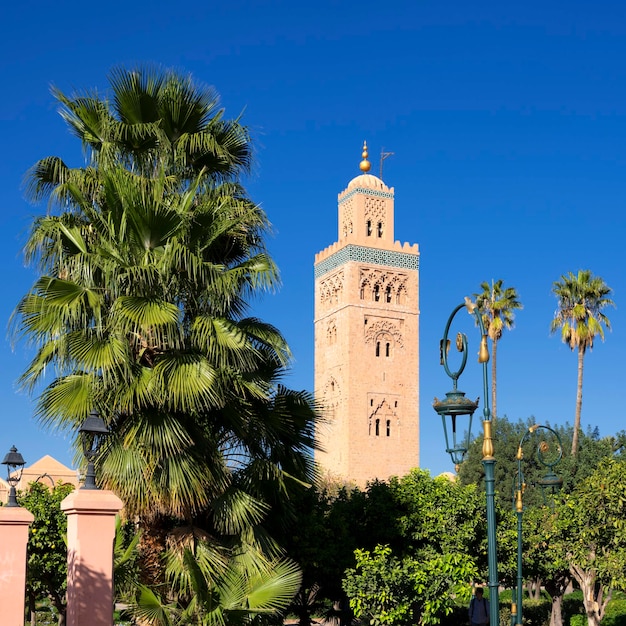 Vertikale Ansicht der berühmten Koutoubia-Moschee mit Garten