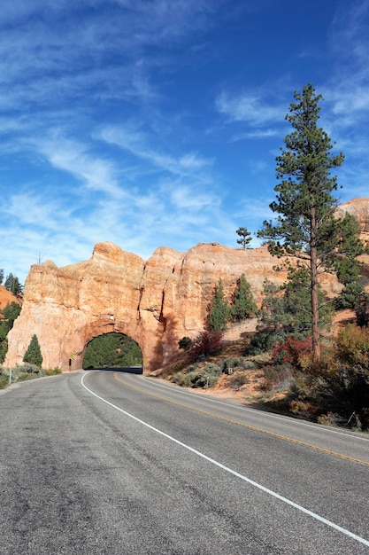 Vertikale Ansicht der Straße zum Bryce Canyon National Park durch vertikale Tunnelansicht