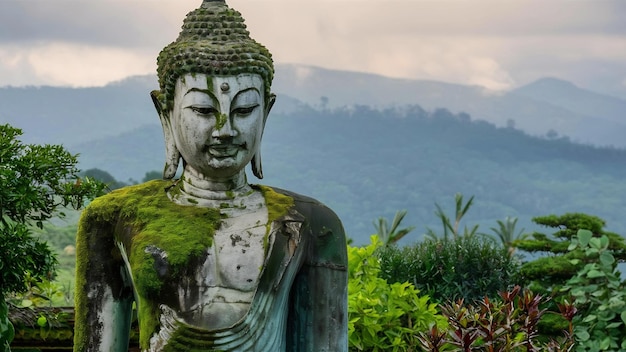 Vertikale Aufnahme einer Buddha-Statue mit Moos oben und Grün in der Ferne