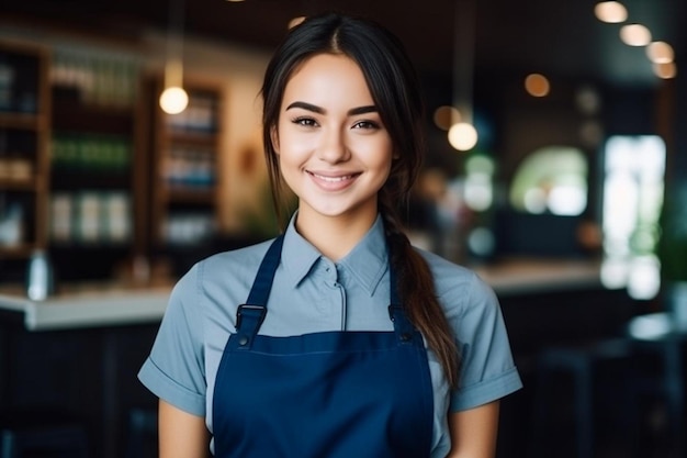 Vertikale Aufnahme einer lächelnden Barista-Kellnerin im Café trägt blaue Schürzenuniform und nimmt Ordnung