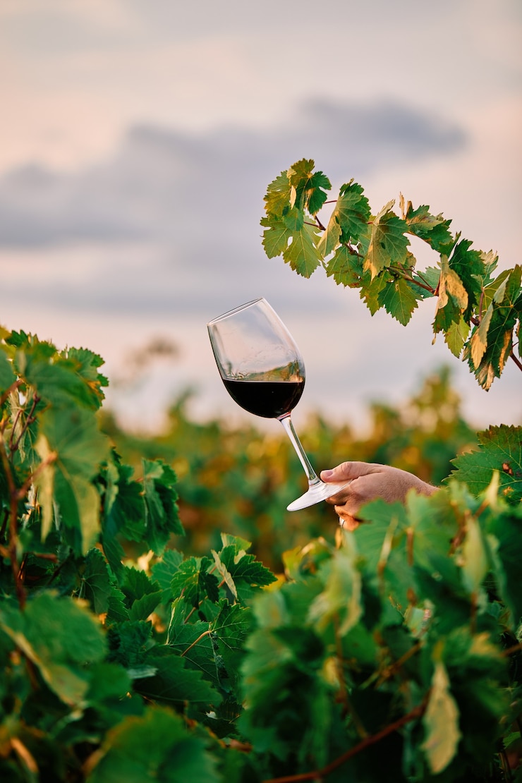 Foto vertikale aufnahme einer person, die ein glas wein im weinberg unter sonnenlicht hält