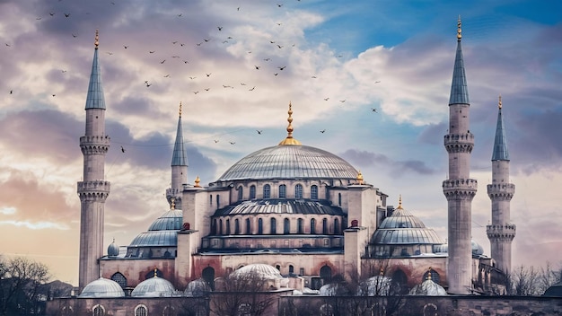 Vertikale Aufnahme einer schönen Moschee in Istanbul mit einem Kuppeldach und einem wunderschönen bewölkten Himmel mit Vögeln