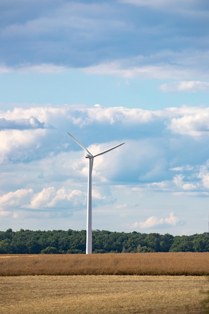 Vertikale Aufnahme einer Windkraftanlage auf dem Feld unter dem blauen Himmel