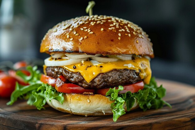 Vertikale Aufnahme eines köstlichen Hamburgers auf einem Holzteller mit schwarzer Wand