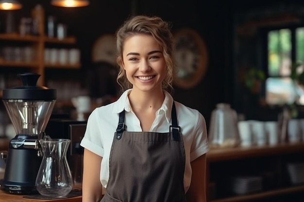 Vertikale Aufnahme eines lächelnden Mädchens, das als Barista arbeitet und das Übergießen des Filterkaffees vorbereitet