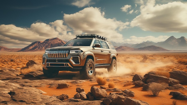 Vertikale Aufnahme eines Offroad-Autos, das in einer Wüste steht, erzeugt von KI