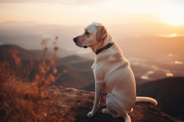 Vertikale Aufnahme eines süßen Labrador-Hundes, der bei Sonnenuntergang auf einem Berg sitzt