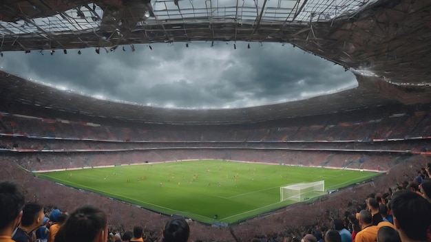 Vertikale Aufnahme eines überfüllten Fußballstadions unter bewölktem Himmel