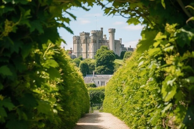 Vertikale Aufnahme von Arundel Castle und der Kathedrale umgeben