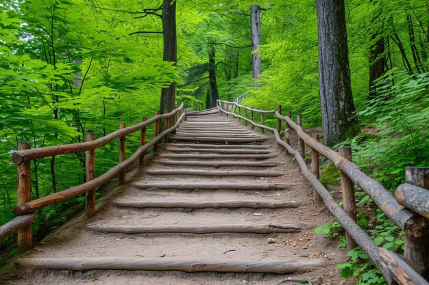 Vertikale Aufnahme von hölzernen Treppen im blockierten Wald