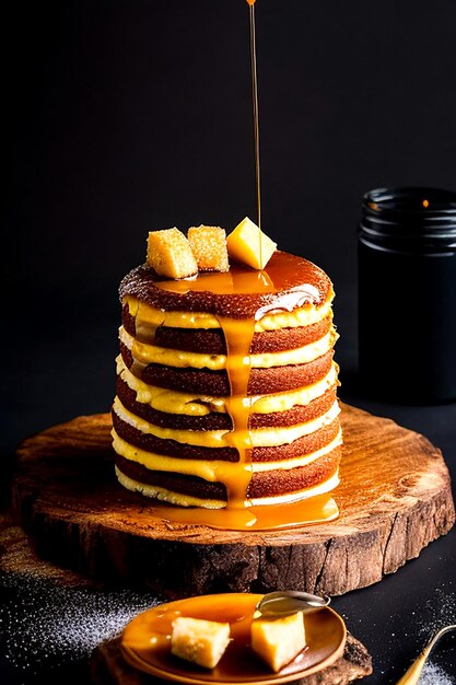 Vertikale Aufnahme von Pfannkuchen mit Sirupbutter und gerösteten Nüssen auf einer Holzplatte, generiert von KI