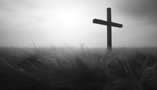 Foto vertikale graustufe eines grasbewachsenen feldes mit einem verschwommenen kreuz