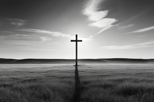 Vertikale Graustufe eines grasbewachsenen Feldes mit einem verschwommenen Kreuz