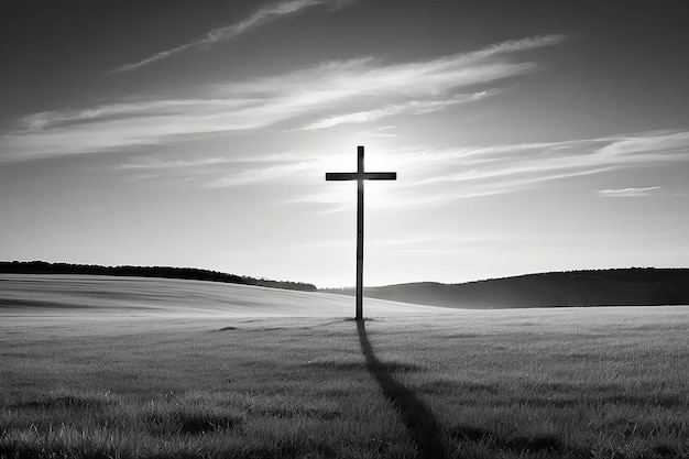 Vertikale Graustufe eines grasbewachsenen Feldes mit einem verschwommenen Kreuz