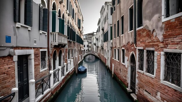 Vertikale Graustufe eines Kanals im historischen Viertel von Venedig, Italien