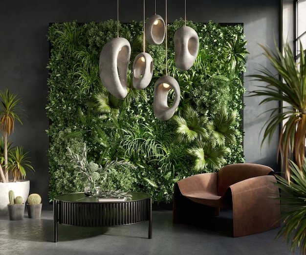 Foto vertikale grüne wand in einem wohnzimmer interieur 3d-rendering