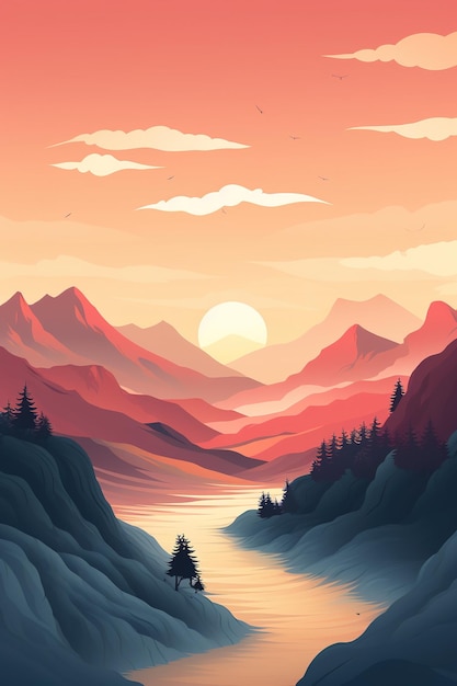 vertikale Illustration idyllische Landschaft Fluss- und Bergsilhouetten bei orangefarbenem Sonnenuntergang oder Sonnenaufgang