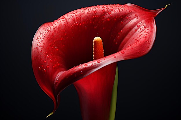 Vertikale Nahaufnahme einer roten Calla-Blumen mit einem langen Staub