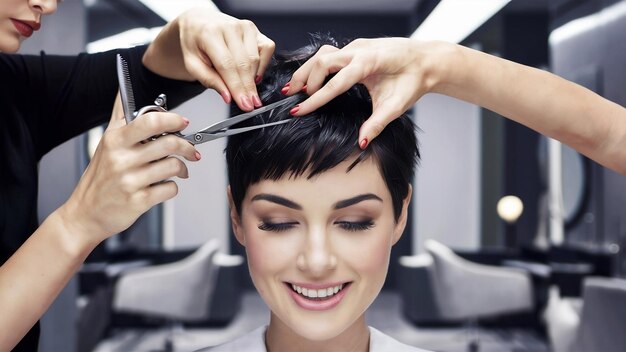 Vertikale Nahaufnahme eines Friseurs, der in einem Schönheitssalon ein kurzes Haar von einer Frau schneidet