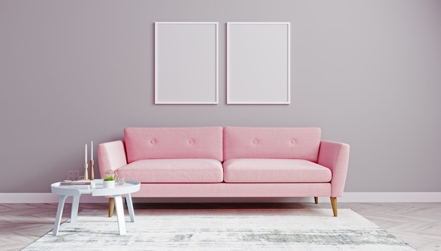 Vertikale weiße Plakatrahmen verspotten im Wohnzimmer mit rosa Sofa