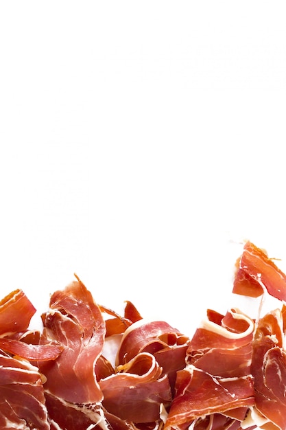 Vertikale Zusammensetzung des spanischen Schinkens (jamon). Design für Menü Restaurant Vorlage, Platz für Text