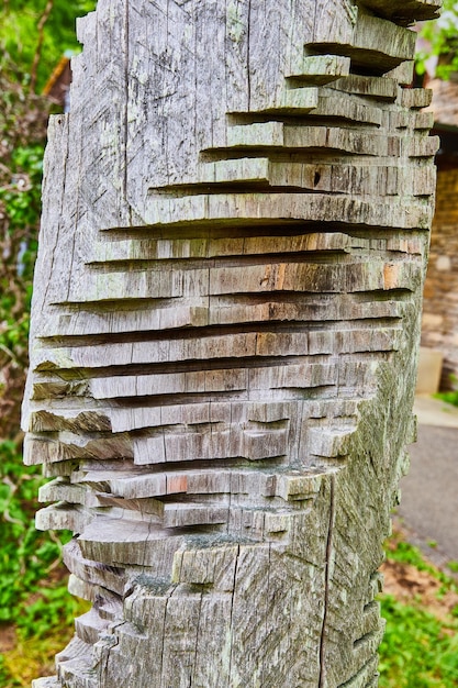 Vertikaler Baumstamm mit abstrakter Doppelhelix-Kunst, handgefertigt von der Künstlerin Heike Endermann im Bernheimer Wald