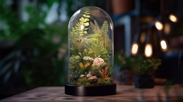 Vertikaler Grußkarten-Bokeh-Hintergrund umgeben von Pflanzen in Terrarien