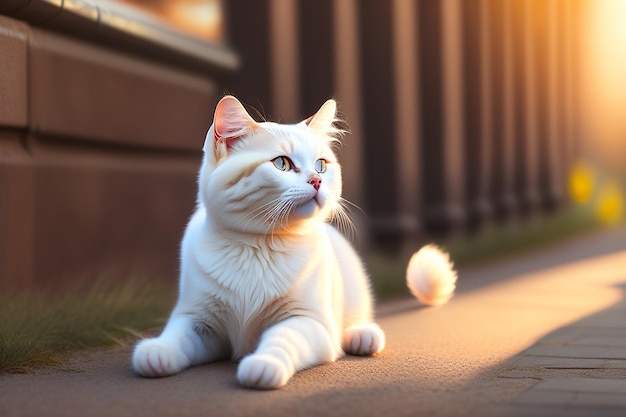 Vertikaler Schuss einer weißen Katze auf dem Boden unter dem Sonnenlicht