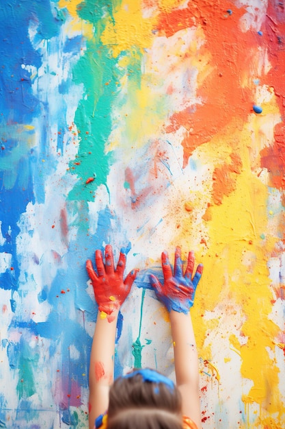 Foto vertikales bild die hände eines kleinen kindes zeichnen an der wand mit leuchtenden farben