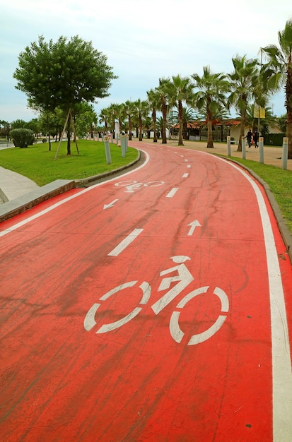 Vertikales Bild eines leeren, leuchtend roten Fahrradwegs im Park