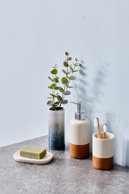 Vertikales Bild von Hygieneartikeln in Designbehältern und grüner Pflanze in Vase auf Toilettentisch