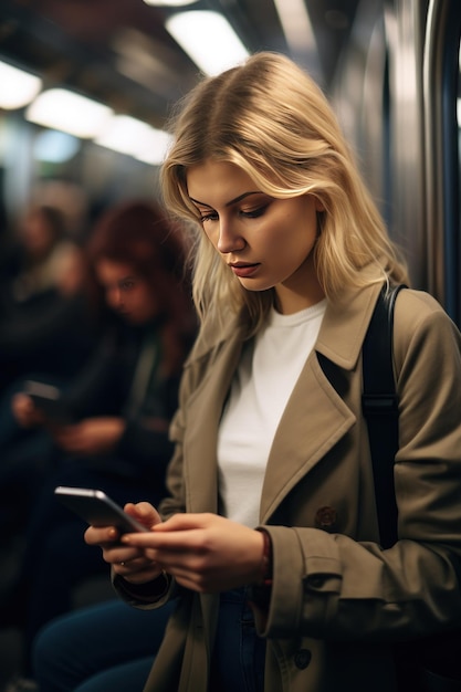 Vertikales Foto einer jungen kaukasischen Frau mit Smartphone in der U-Bahn läuft durch Nachrichten