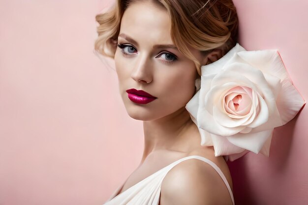 vertikales Foto einer weißen schönen Rose, das an einer rosa Wand befestigt ist