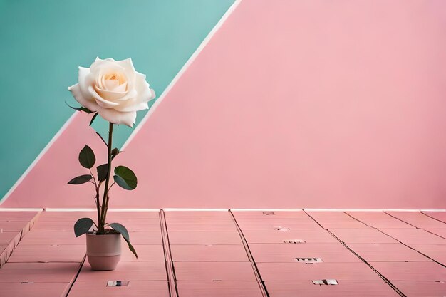 vertikales Foto einer weißen schönen Rose, das an einer rosa Wand befestigt ist