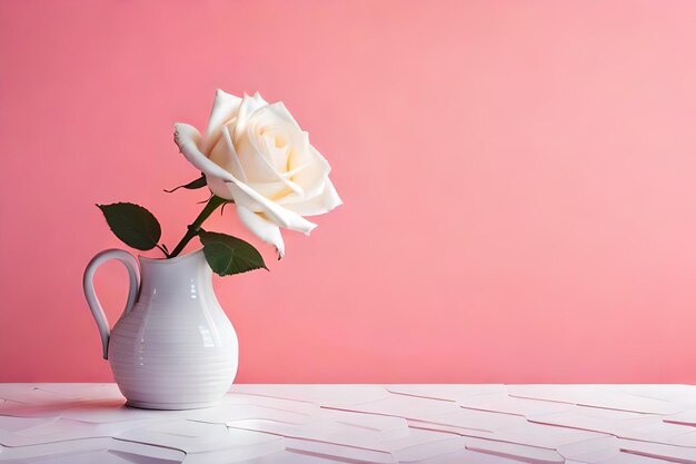 vertikales Foto einer weißen schönen Rose, das an einer rosa Wand befestigt ist